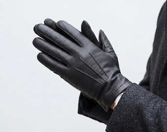 Luvas de couro masculinas, luvas sociais feitas à mão, luvas de couro elegantes, luvas clássicas de dedo inteiro, luvas da moda.
