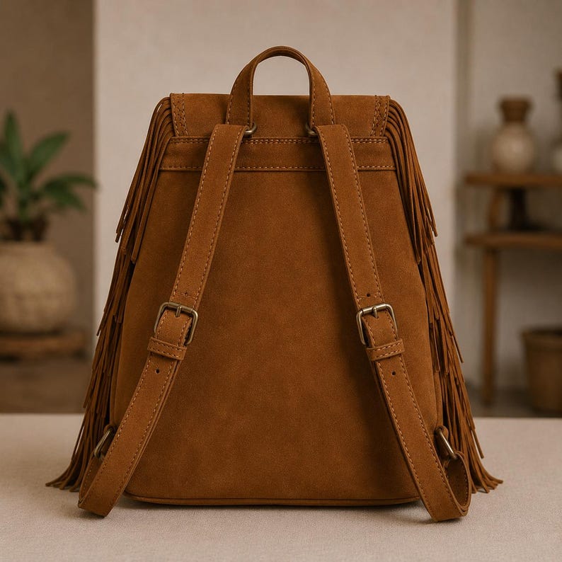 May include: A tan suede backpack featuring long fringe detailing along the sides and back panel. The bag includes two adjustable shoulder straps with metal buckles and a top carry handle, showcasing a consistent brown texture throughout.