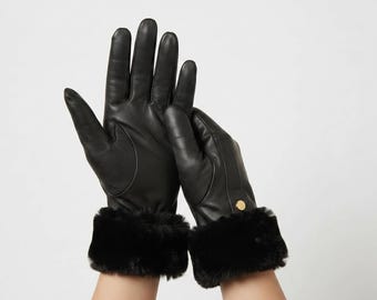 Luvas de inverno femininas em couro, luvas com punho de pele, luvas de couro quentes, luvas sociais feitas à mão, luvas de luxo para clima frio, presente para ela.