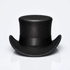 May include: A solid black top hat featuring a tall, cylindrical crown and a wide, curved brim. The hat is accented with a smooth, matching black ribbon band wrapped around the base of the crown, creating a uniform and monochromatic appearance.