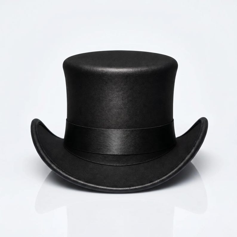 May include: A solid black top hat featuring a tall, cylindrical crown and a wide, curved brim. The hat is accented with a smooth, matching black ribbon band wrapped around the base of the crown, creating a uniform and monochromatic appearance.