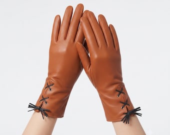 Luvas de couro femininas, luvas com cadarço, luvas sociais feitas à mão, luvas elegantes de inverno, luvas de couro da moda.