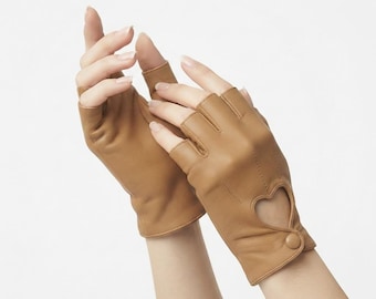Luvas de couro sem dedos para mulheres, luvas para dirigir, luvas de meio dedo, luvas estilo vintage, luvas de couro feitas à mão.