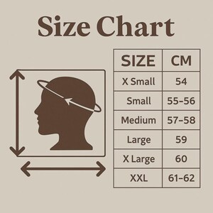 May include: A brown and beige size chart graphic featuring a silhouette of a human head with a circular arrow indicating measurement. The table lists sizes from X Small to XXL with corresponding measurements in centimeters ranging from 54 to 62.