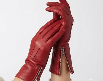 Luvas de couro femininas, luvas com punho de zíper, luvas sociais feitas à mão, luvas elegantes de dedo inteiro, luvas de inverno da moda.