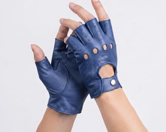 Luvas de couro sem dedos para dirigir, luvas de meio dedo, luvas de couro genuíno feitas à mão para motociclismo, luvas de couro estilo vintage.