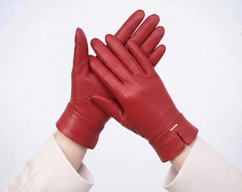 Luvas de couro femininas, luvas sociais, luvas de couro feitas à mão, luvas elegantes de dedo inteiro, luvas de inverno da moda.