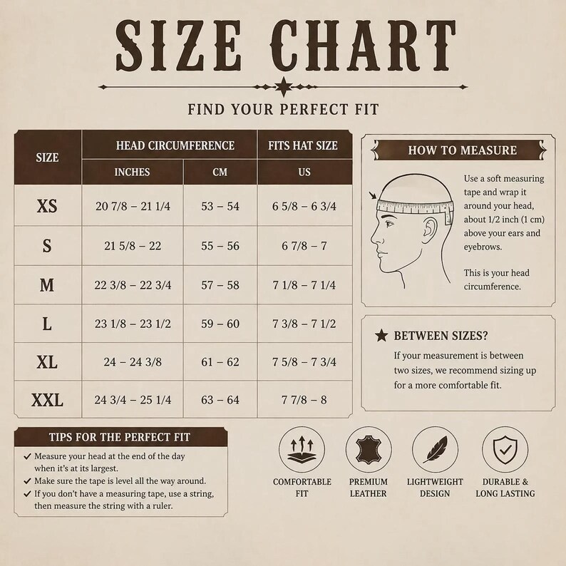 May include: A brown and cream size chart for hats, featuring a table with head circumference in inches and centimeters, and US hat sizes from XS to XXL. It includes a diagram on how to measure, tips for fit, and icons for leather and comfort.