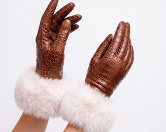 Läderhandskar med pälsmanschett för kvinnor, krokodilpräglade läderhandskar, lyxiga vinterhandskar, eleganta vinterhandskar