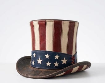 Uncle Sam Leather Top Hat, Patriotic American Flag Hat, USA Steampunk Costume Hat, Red White Blue 4th of July Hat