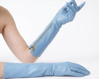 Luvas de couro até o cotovelo, luvas longas com zíper, luvas elegantes para a noite, luvas formais de couro, luvas femininas feitas à mão.