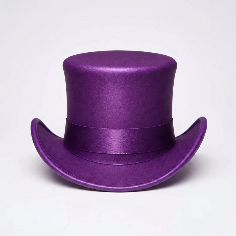 May include: A solid purple top hat with a flat crown and a curved brim. The hat features a matching purple satin-finish ribbon band wrapped around the base of the crown, creating a uniform monochromatic appearance with a smooth, matte texture.