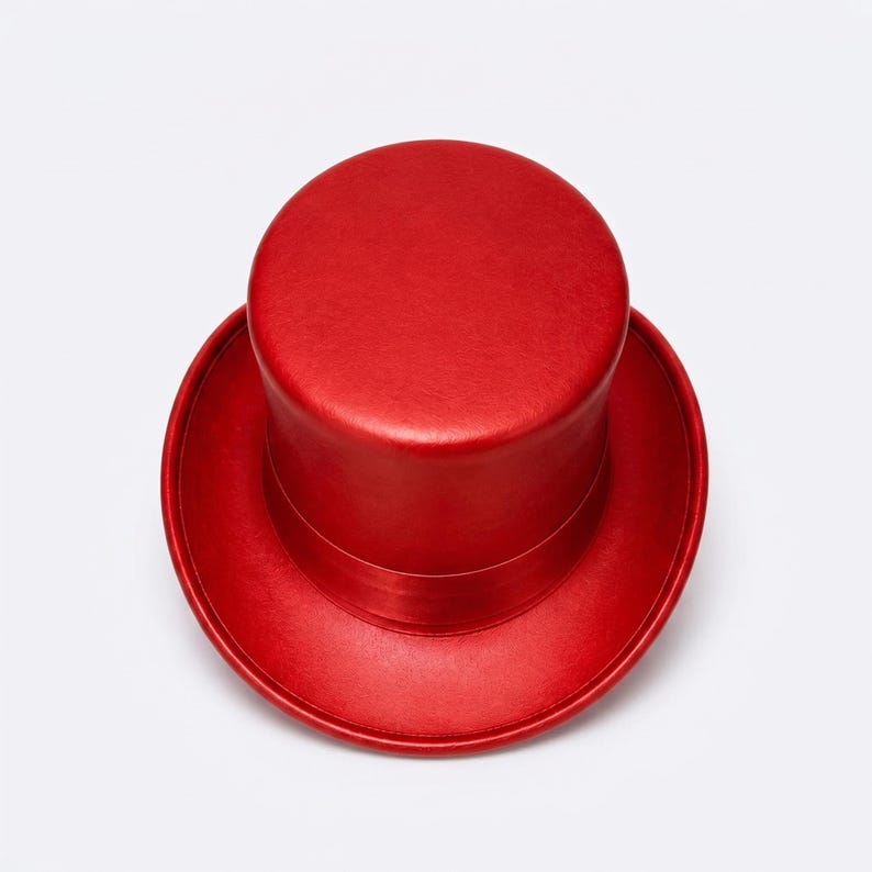 May include: A top hat in a vibrant, solid red color viewed from directly above. The hat features a flat, circular crown and a wide, circular brim. The surface has a smooth, uniform texture with a subtle sheen, showing a consistent red tone throughout.