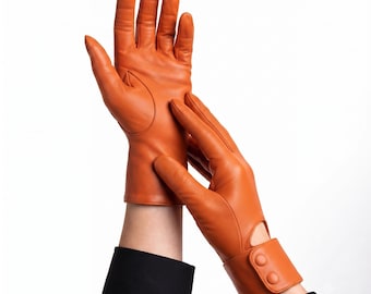 Luvas de couro femininas, luvas com punho de botão, luvas sociais feitas à mão, luvas elegantes de dedo inteiro, luvas de couro da moda.
