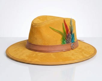 Handmade Suede Fedora Hat, Wide Brim Fedora Hat with Feather Accent, Unisex Vintage Dress Hat, Classic Statement Hat, Custom Gift