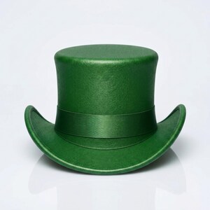 May include: A solid emerald green top hat featuring a flat crown and a curved brim. The hat is accented with a matching green satin ribbon band that encircles the base of the crown, providing a uniform and monochromatic appearance throughout the design.