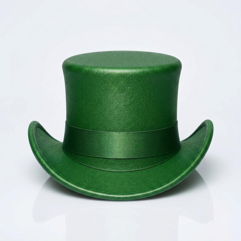 May include: A solid emerald green top hat featuring a flat crown and a curved brim. The hat is accented with a matching green satin ribbon band that encircles the base of the crown, providing a uniform and monochromatic appearance throughout the design.