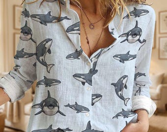 Orca Walfisch Shirt Frauen, Schwertwal Button-Down-Bluse, Süßes Ozeantier Shirt, Langarm Strand Top, Meeres Biologin Geschenk