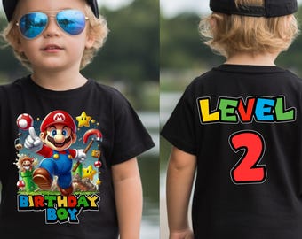 Custom Mario Birthday Boy T-Shirt, Level 2 Celebration Tee