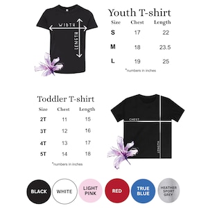 May include: Black t-shirts with size charts for youth and toddler sizes. The youth sizes are in inches: S (17 chest, 22 length), M (18 chest, 23.5 length), and L (19 chest, 25 length). Toddler sizes are also in inches.