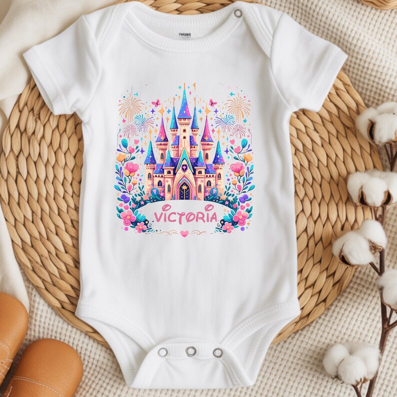 K&ouml;nnte beinhalten: Wei&szlig;er Baby-Body mit einem farbenfrohen Schlossdesign. Das Schloss hat rosa, blaue und lila T&uuml;rme, umgeben von Blumen und Feuerwerk. Der Name "Victoria" ist darunter in Rosa aufgedruckt.