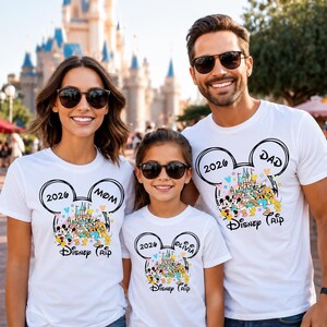May include: White t-shirts with a Mickey Mouse ear design, featuring a castle, characters, and the text "2026 Disney Trip." One shirt says "Mom," another "Dad," and the third has a name. The family is smiling in front of a castle.
