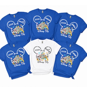 May include: Several blue and white t-shirts with a Mickey Mouse head design, the year "2026", and names such as "David", "Sarah", "Paul", "Mark", "Emily", and "Carol". Each shirt displays a Disney graphic and the words "Disney Trip".
