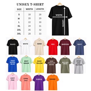 May include: A selection of unisex t-shirts in colours such as black, white, and red. The image includes a size chart with measurements in inches for width and length, and the text "UNISEX T-SHIRT".