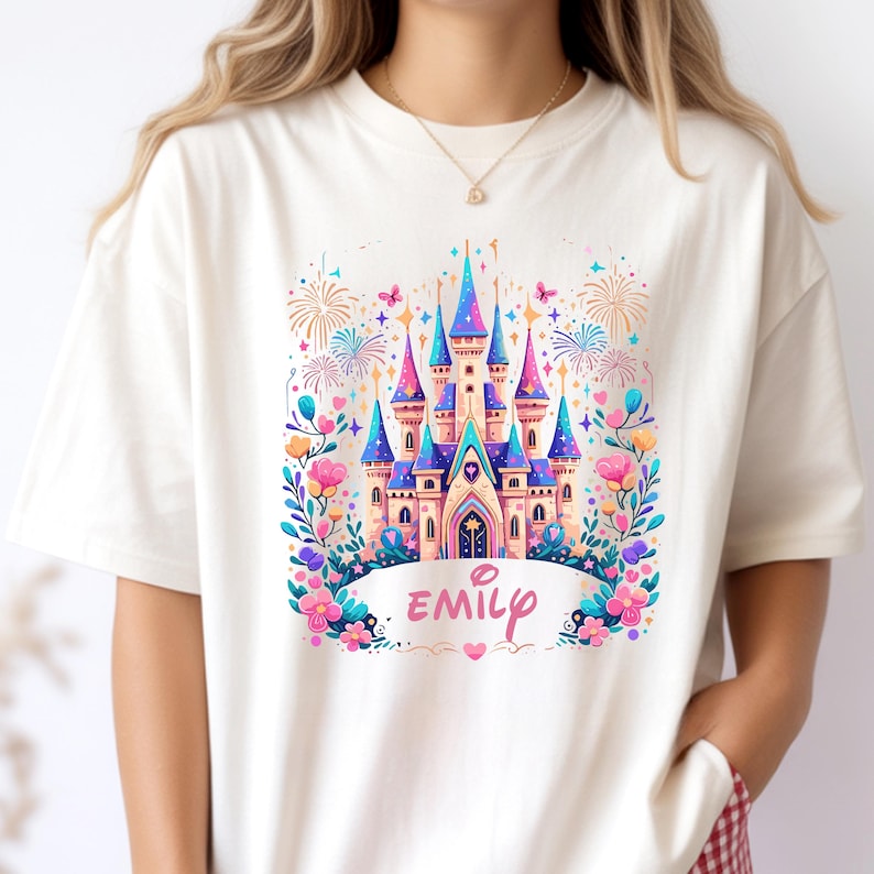 K&ouml;nnte beinhalten: Cremefarbenes T-Shirt mit einem farbenfrohen Schlossdesign in Rosa, Blau und Lila. Das Schloss ist von Blumen, Schmetterlingen und Feuerwerk umgeben. Der Name "Emily" steht in rosa Schrift darunter.