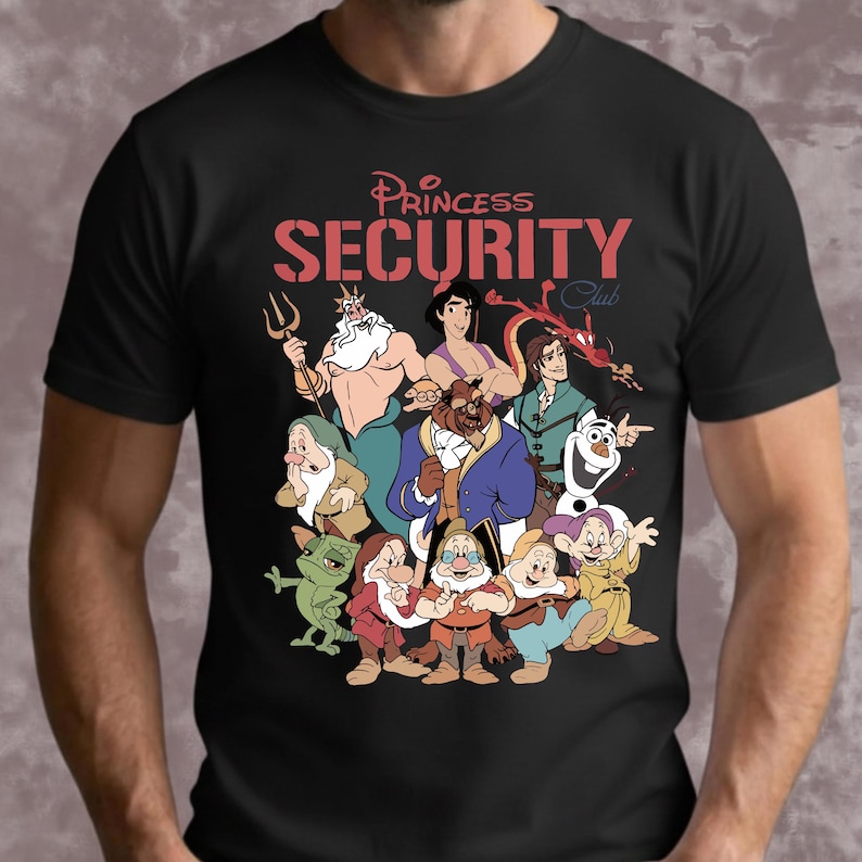 May include: Black t-shirt with a cartoon illustration of Disney characters such as the Beast, Olaf, and the Seven Dwarfs. The text "Princess Security Club" is printed in red above the characters.