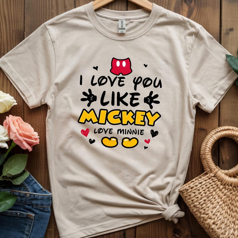Pode incluir: Camiseta bege com o texto "I love you like Mickey loves Minnie" em preto, amarelo e vermelho. O design inclui os cal&ccedil;&otilde;es do Mickey, cora&ccedil;&otilde;es e os ic&oacute;nicos sapatos amarelos do Mickey.