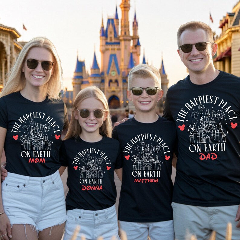 May include: Four people wearing black t-shirts with the text "The Happiest Place on Earth" and a castle graphic. The shirts are personalized with "Mom", "Donna", "Matthew", and "Dad". The background features a large castle.