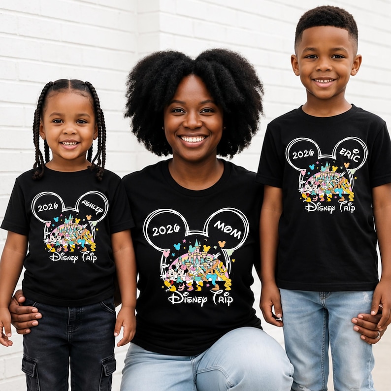 May include: Three people wearing matching black t-shirts with a Disney theme. The shirts feature a Mickey Mouse head design with the year "2026" and the words "Disney Trip". One shirt says "Mom", another says "Ashley", and the third says "Eric".