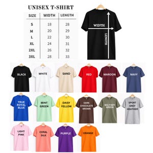 Pode incluir: Uma exibi&ccedil;&atilde;o de camisetas unissex em v&aacute;rias cores, incluindo preto, branco e vermelho. A imagem inclui uma tabela de tamanhos com medidas em polegadas para largura e comprimento, e o texto "UNISEX T-SHIRT".