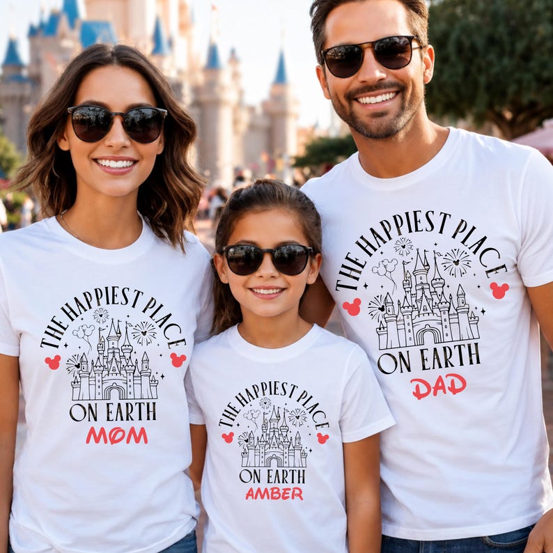 May include: Three white t-shirts with the text "The Happiest Place on Earth" and a castle graphic. The shirts are labeled "Mom", "Dad", and "Amber" in red. The family is wearing sunglasses.