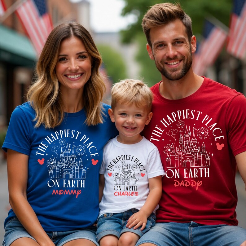 May include: Family wearing matching t-shirts with a castle graphic. The blue shirt says "The Happiest Place on Earth Mommy", the white shirt says "The Happiest Place on Earth Charles", and the red shirt says "The Happiest Place on Earth Daddy".