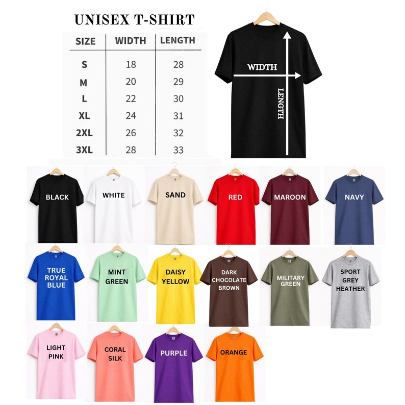 K&ouml;nnte beinhalten: Pr&auml;sentation verschiedener Unisex-T-Shirts in Farben wie Schwarz, Wei&szlig; und Rot. Das Bild enth&auml;lt eine Gr&ouml;&szlig;entabelle mit Ma&szlig;en in Zoll f&uuml;r Breite und L&auml;nge sowie den Text "UNISEX T-SHIRT".