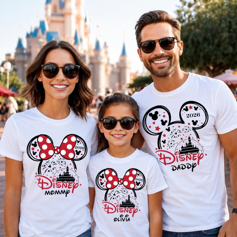 May include: White t-shirts with Disney-themed graphics. The shirts feature a Mickey Mouse head design with a red bow, fireworks, and a castle silhouette. The text includes "Disney," "Mommy," "Daddy," and a name, all in red.