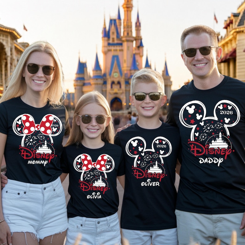 May include: Four people wearing black Disney t-shirts with a Mickey Mouse head design. The design includes a red and white bow, fireworks, and the text "Disney" and "2026". The shirts are personalized with "Mommy", "Olivia", "Oliver", and "Daddy".