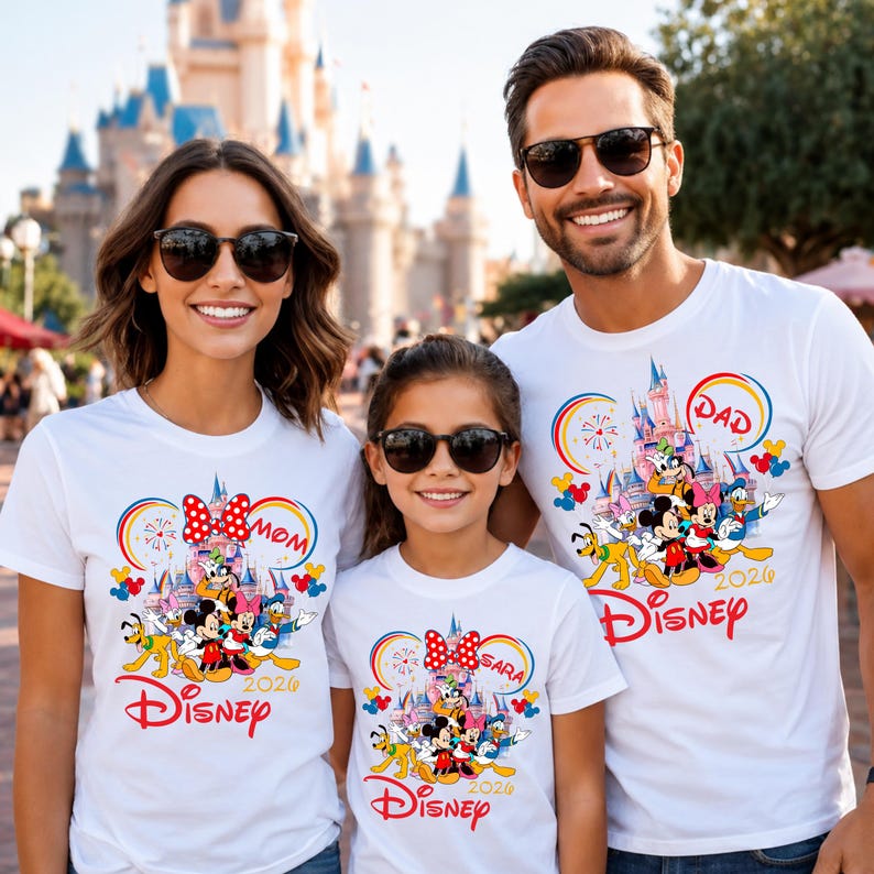 Op de afbeelding: Drie mensen dragen witte t-shirts met een Disney-thema. Elk shirt heeft een kleurrijke afbeelding van Disney-personages, een kasteel en het woord "Disney" in het rood. De shirts hebben ook de woorden "Mom", "Dad" en "Sara".