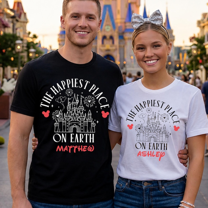 May include: Black and white t-shirts with the text "THE HAPPIEST PLACE ON EARTH" and a castle graphic. The black shirt has the name "MATTHEW" in red, and the white shirt has "ASHLEY" in red.