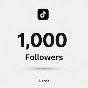 May include: A graphic with the TikTok logo and the text "1,000 Followers" in black. The name "AidenX" is at the bottom. The background is a light gray color.