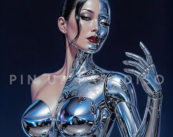 Japanese Robot Pin Up Poster: Sorayama Style Chrome Android Art