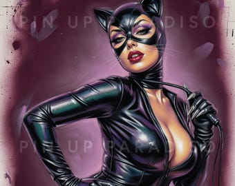 Feline Femme Fatale Pin Up Poster | Black Leather Art | Comic Inspired Wall Decor | Vintage Pinup Art | Strong Female Art | Cat Woman Art