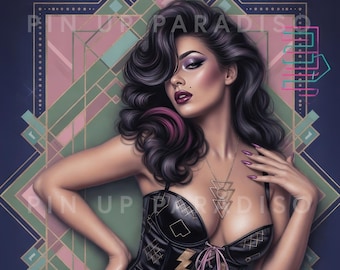 Retro 80s Pin Up Art Print, Brunette Glamour Corset Poster, Geometric Decor Illustration