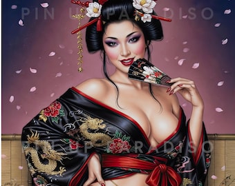Japanese Inspired Pin Up Poster | Kimono Glamour Art Print | Vintage Pinup Wall Decor  | Retro Geisha Style Illustration