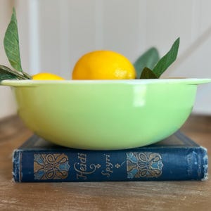 May include: A light green mixing bowl with small side handles, containing two bright yellow lemons with green leaves. The bowl is resting on top of a dark blue hardcover book with gold and blue decorative patterns and the text Heidi Spyri.