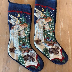 Vintage Wool Needlepoint Angel and Woodland Animals Christmas Stockings