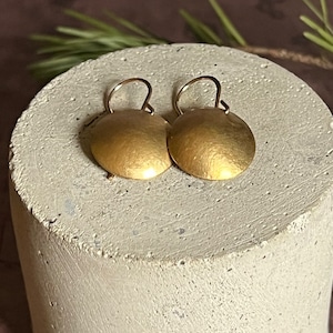 Satin Brass Disc Earrings, Minimalist, Domed dangle earrings