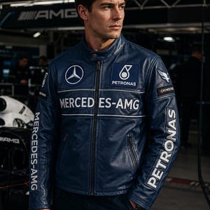May include: A dark blue leather jacket featuring a stand-up collar, a full-length front zipper, and white embroidered branding. The chest displays the Mercedes-Benz star and Petronas logos, with MERCEDES-AMG text across the chest and sleeves.